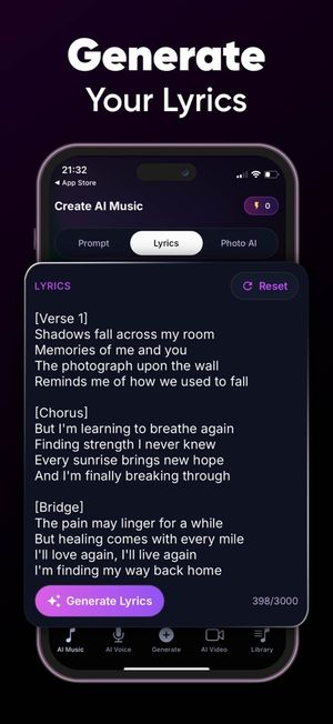Sonx lyrics screen with verse, chorus and bridge written from a prompt