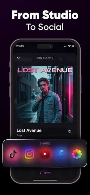 Sonx now-playing screen with share buttons for TikTok, Instagram and YouTube